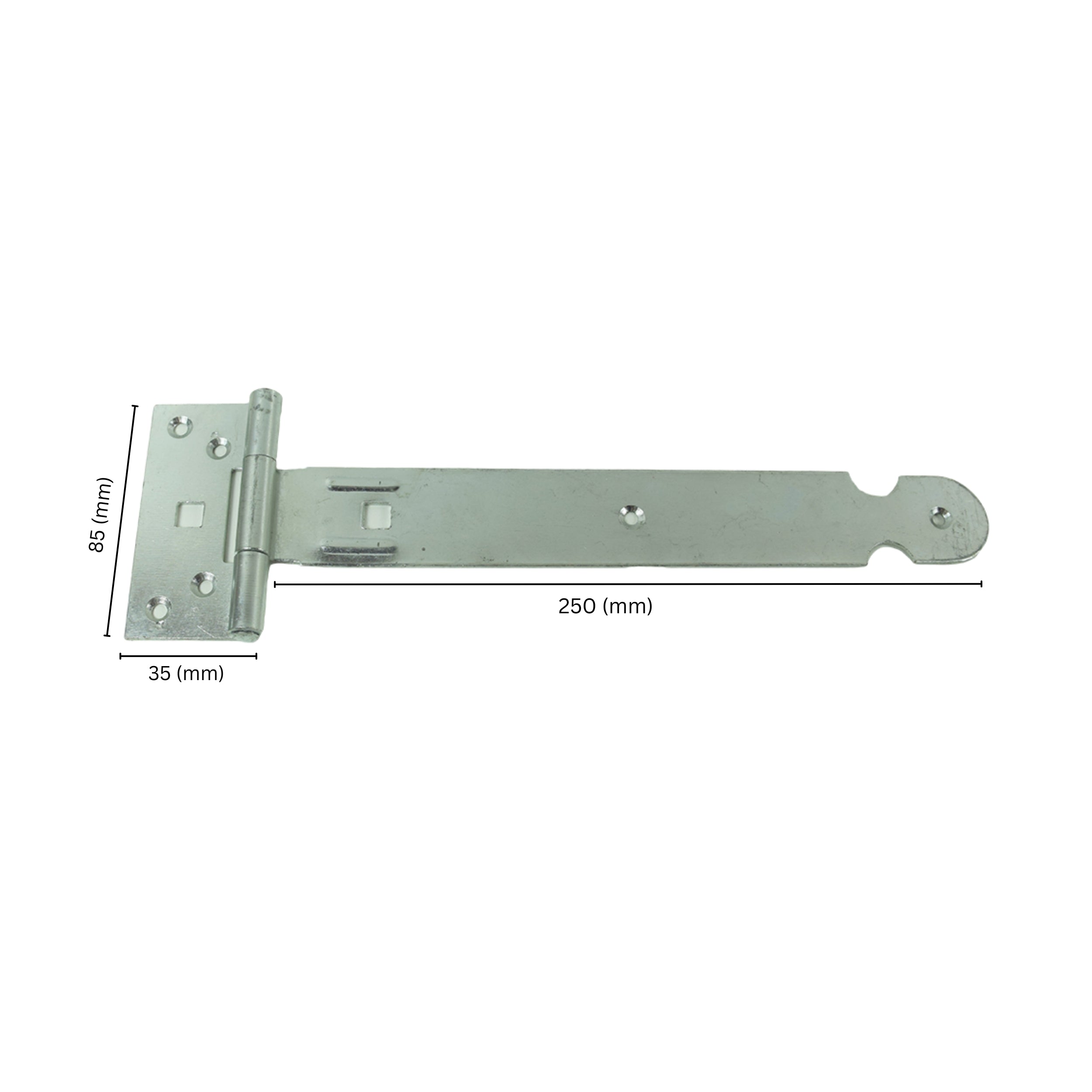 Heavy-duty T hinge with labeled dimensions.