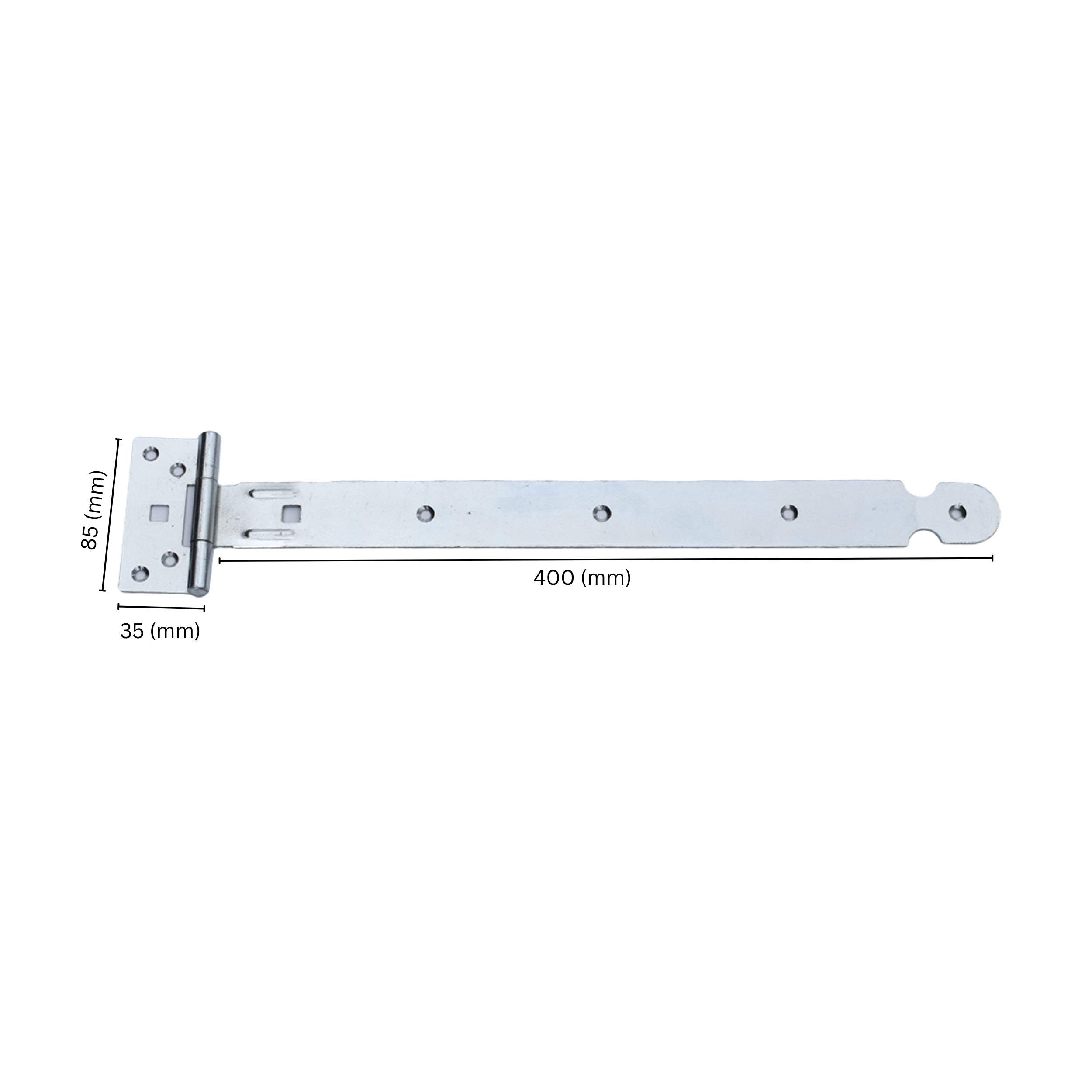 Heavy-duty T hinge with labeled dimensions.