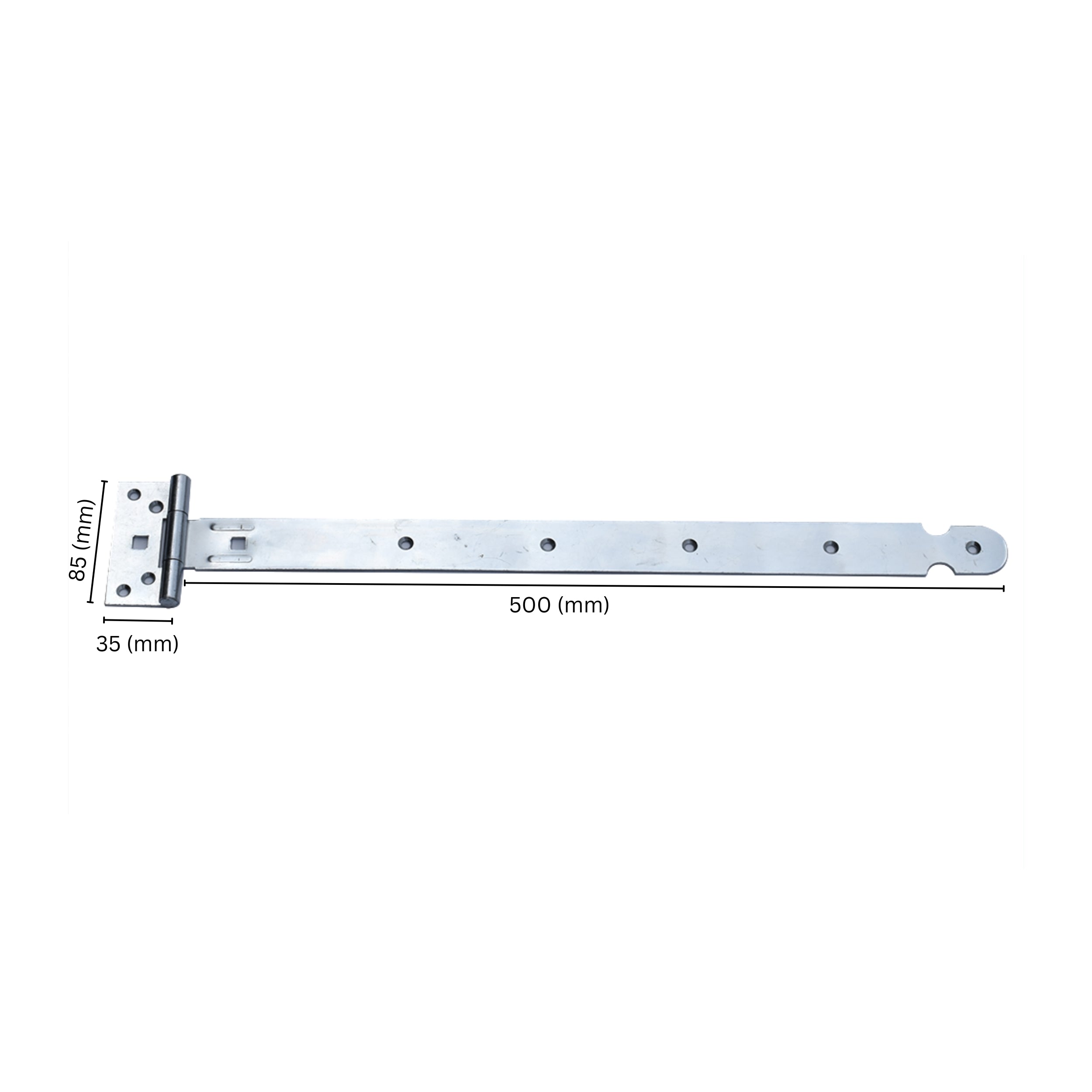 Heavy-duty T hinge with labeled dimensions.