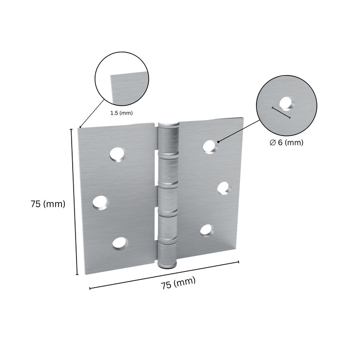 Butt hinge with labeled specifications.