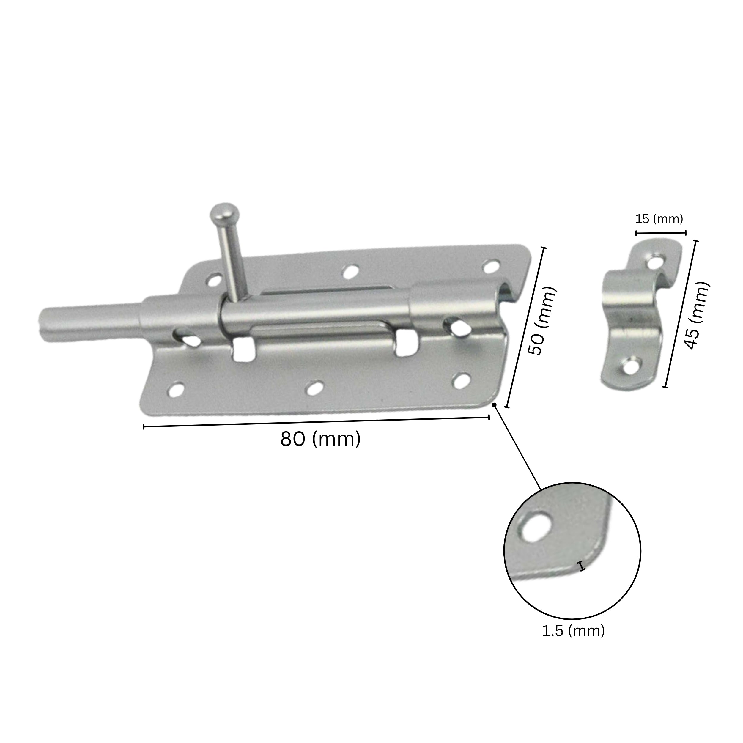 Slide bolt latch with labeled dimensions.