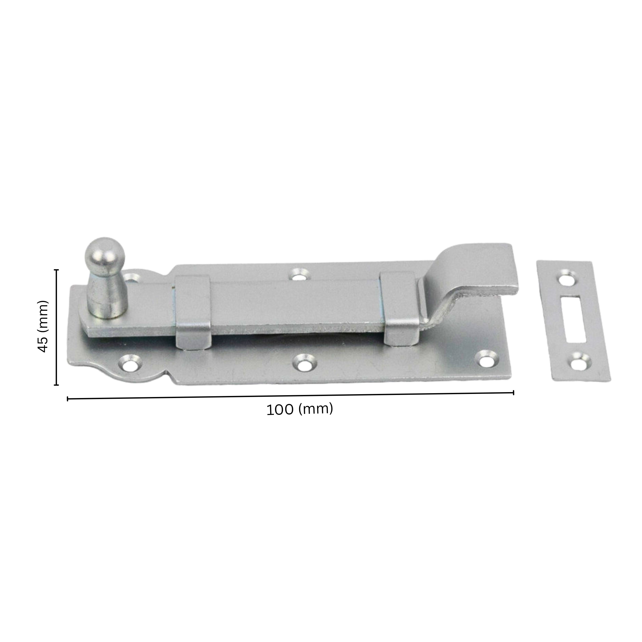 Cranked sliding barrel bolt with labeled dimensions.