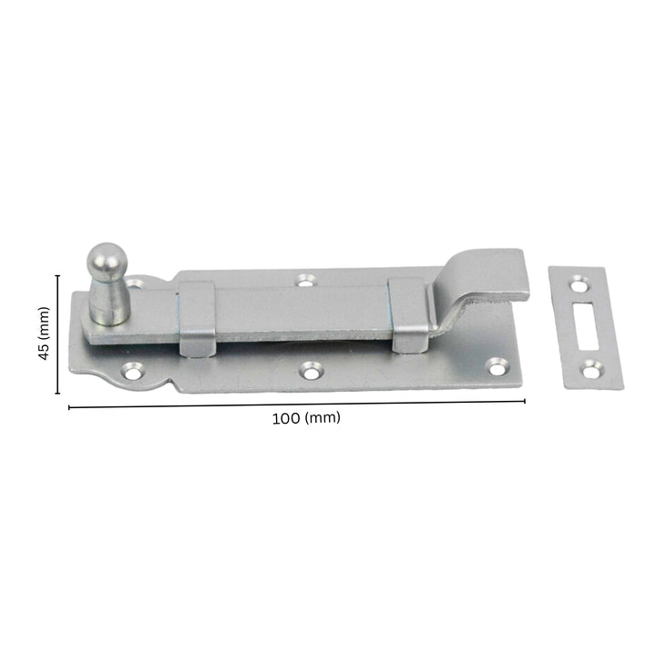 Cranked sliding barrel bolt with labeled dimensions.