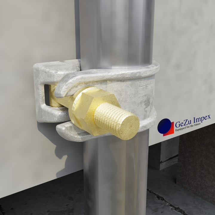 Steel tube connected to a structure using a scaffold half coupler clamp.