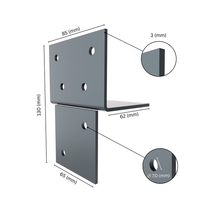 Wood connector T angle bracket with labeled dimensions.