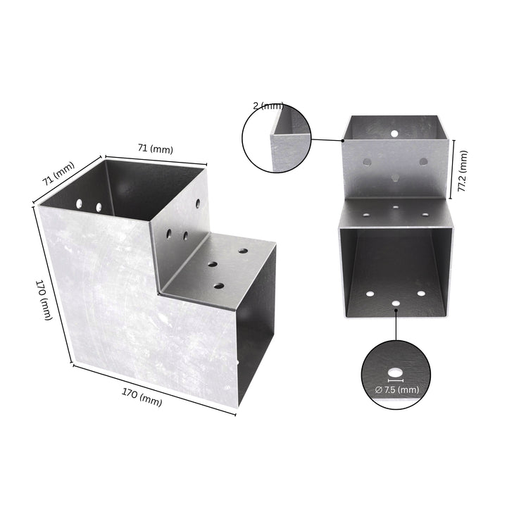 2 way post connector L shaped showing labeled dimensions, bracket size, length and thickness.