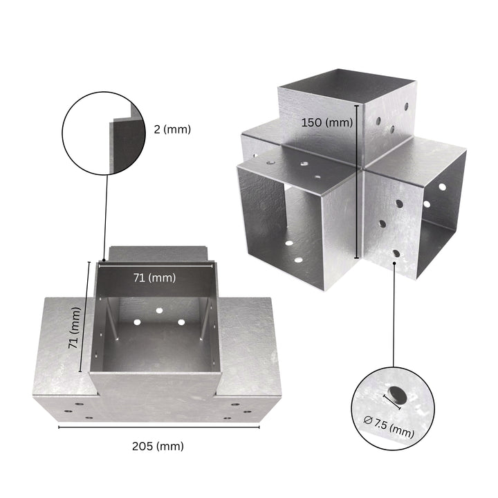 4 way post connector X shaped showing labeled dimensions, bracket size, length and thickness.