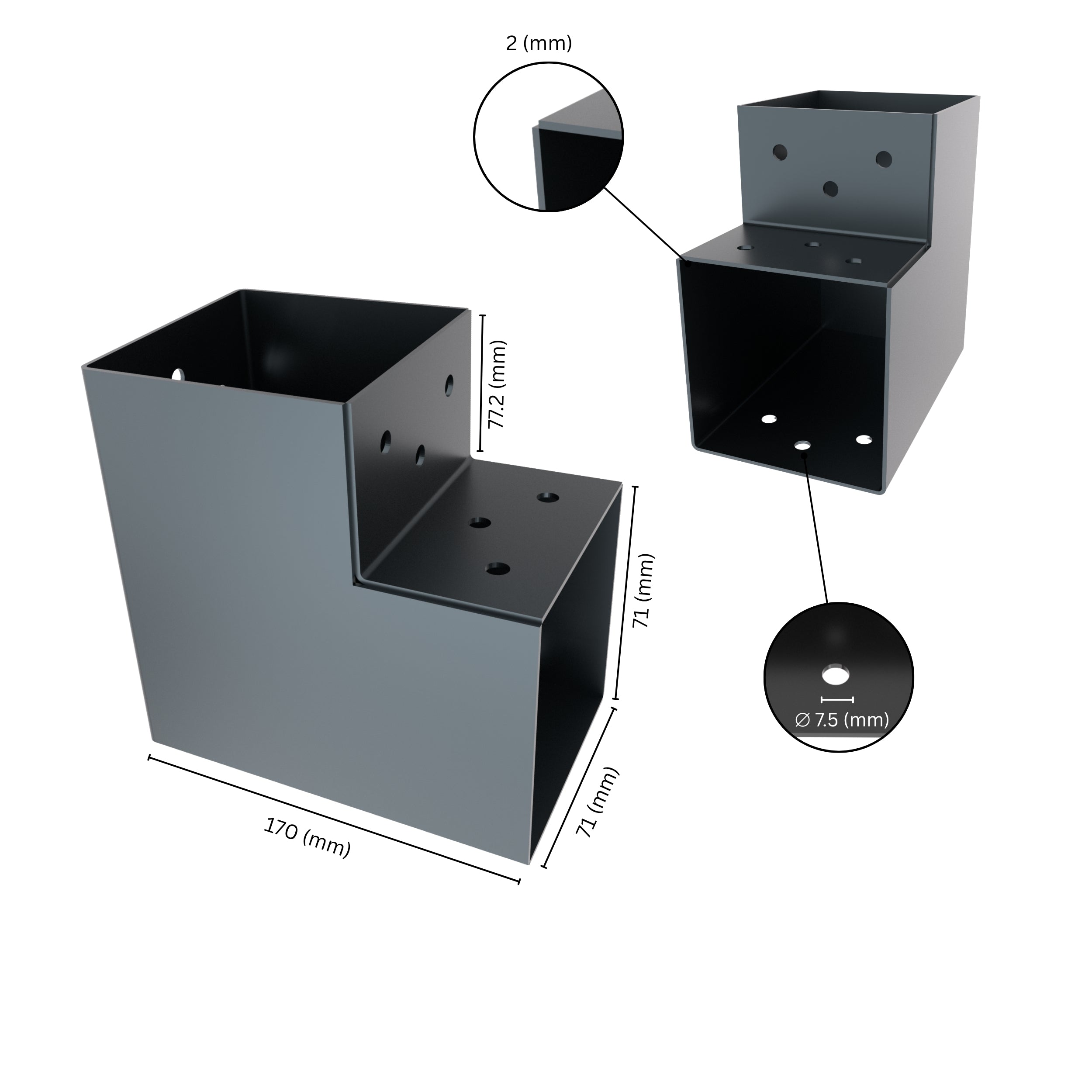 2 way post connector L shaped showing labeled dimensions, bracket size, length and thickness.