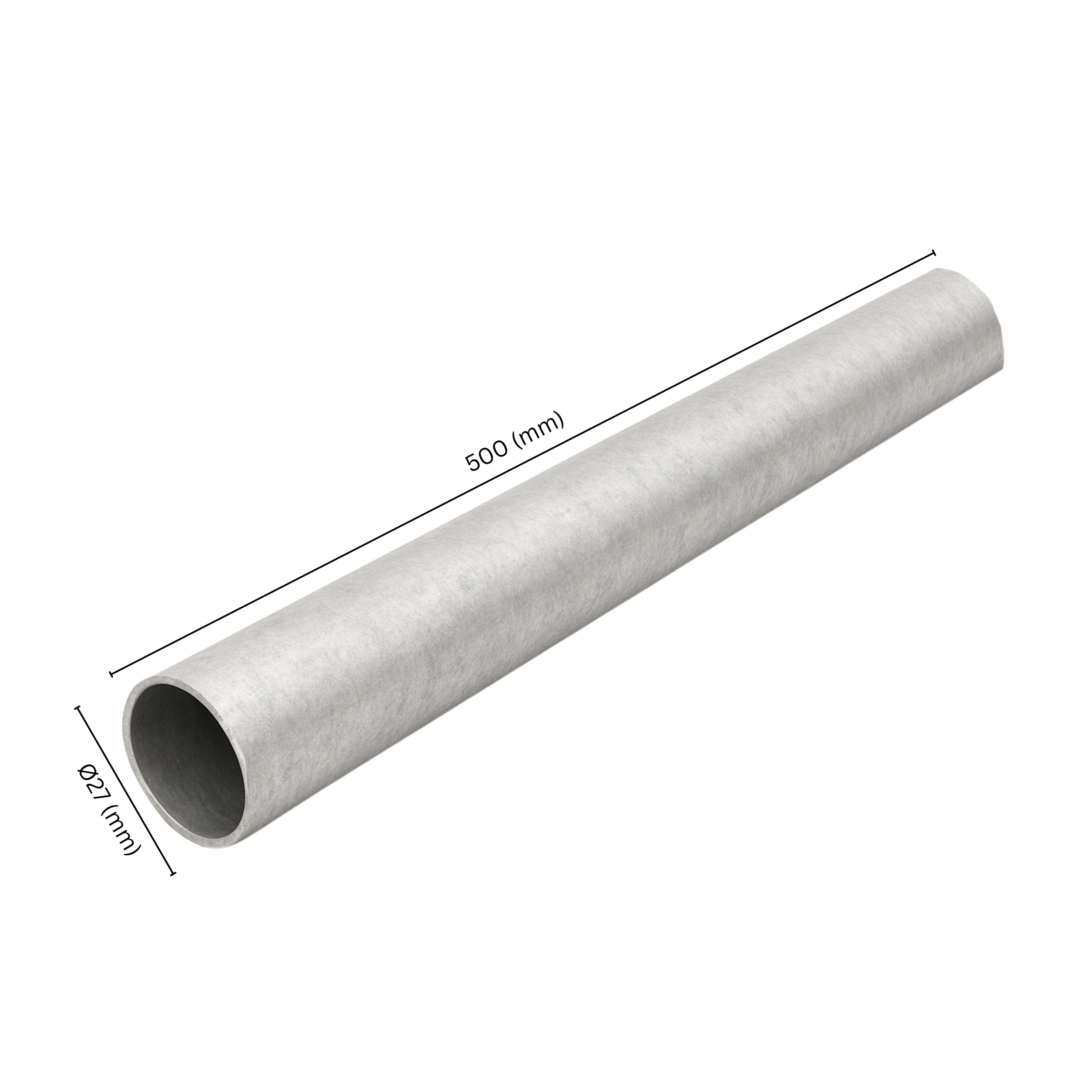 Steel pipe Ø27 mm x 500 mm with labeled dimension.