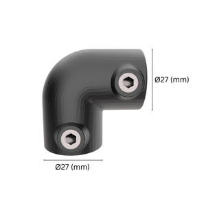 Elbow pipe clamp with labeled dimensions.