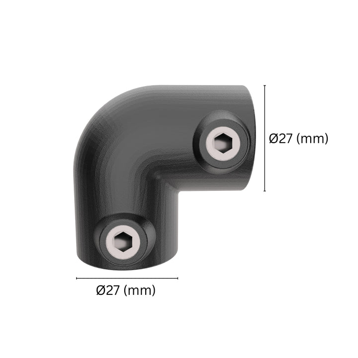 Elbow pipe clamp with labeled dimensions.