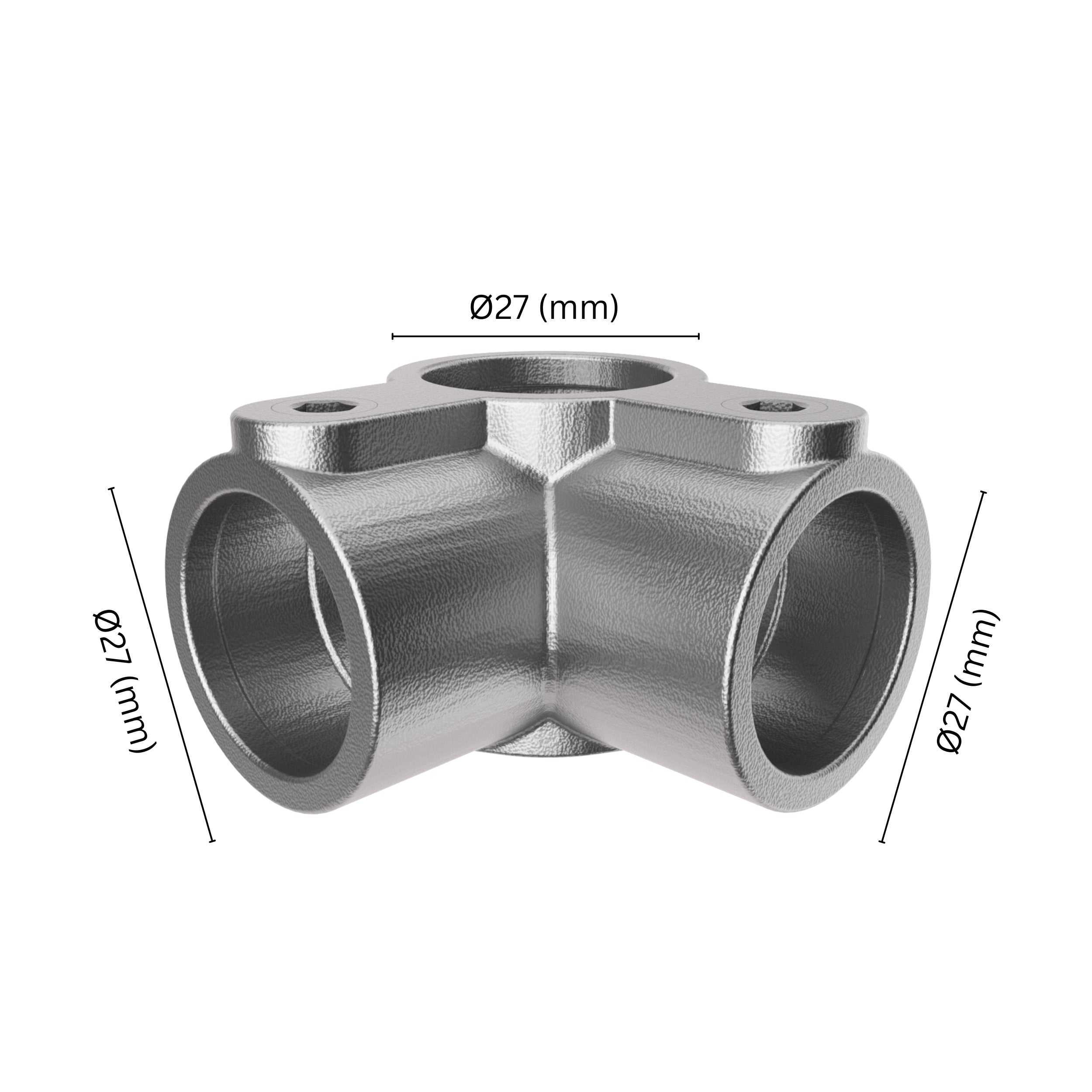 90° 3-way mid rail corner pipe clamp 27 mm with labeled dimensions.