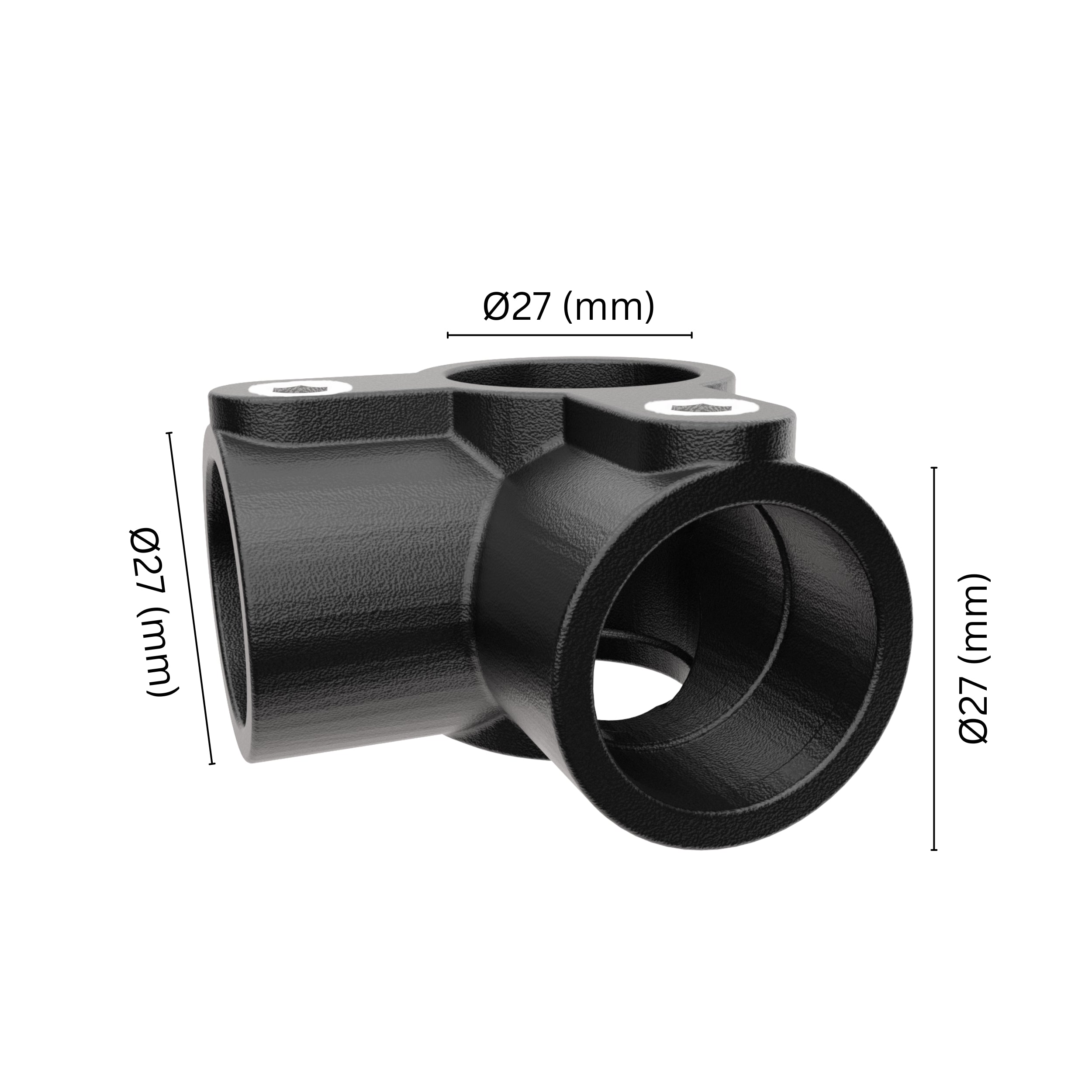 90° 3-way mid rail corner pipe clamp 27 mm with labeled dimensions.