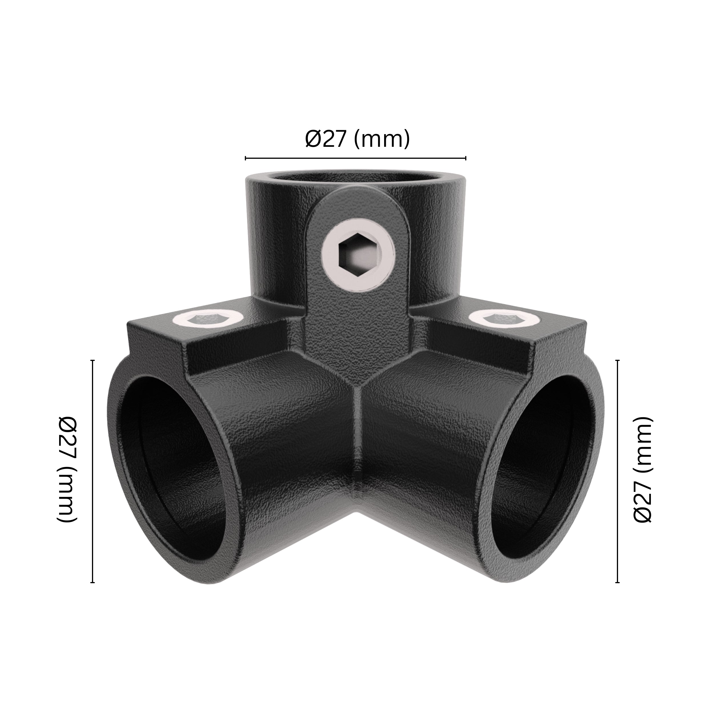 90° 3-way corner pipe clamp 27 mm with labeled dimensions.