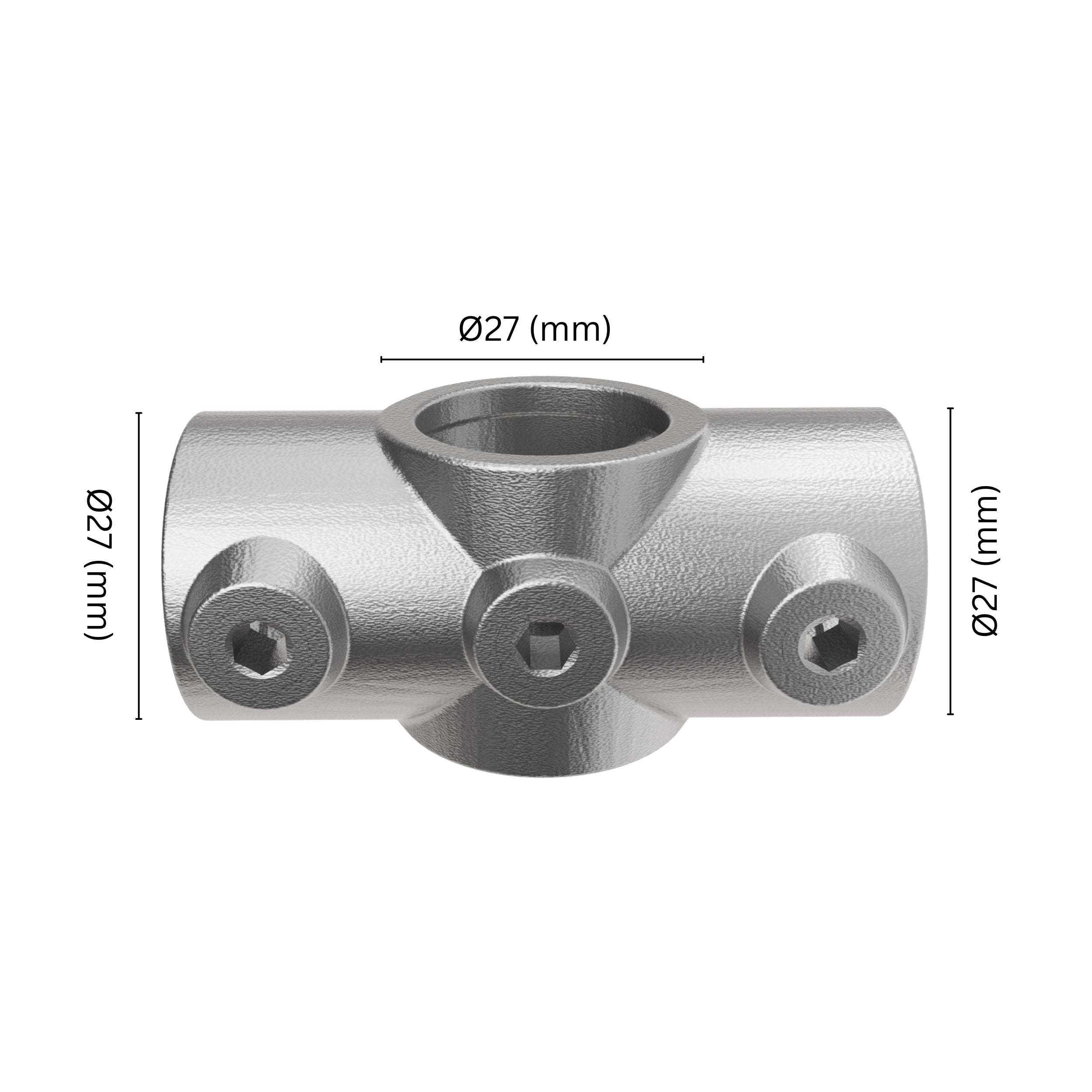 Two Socket Cross Tube Clamp 27 mm with labeled dimensions.