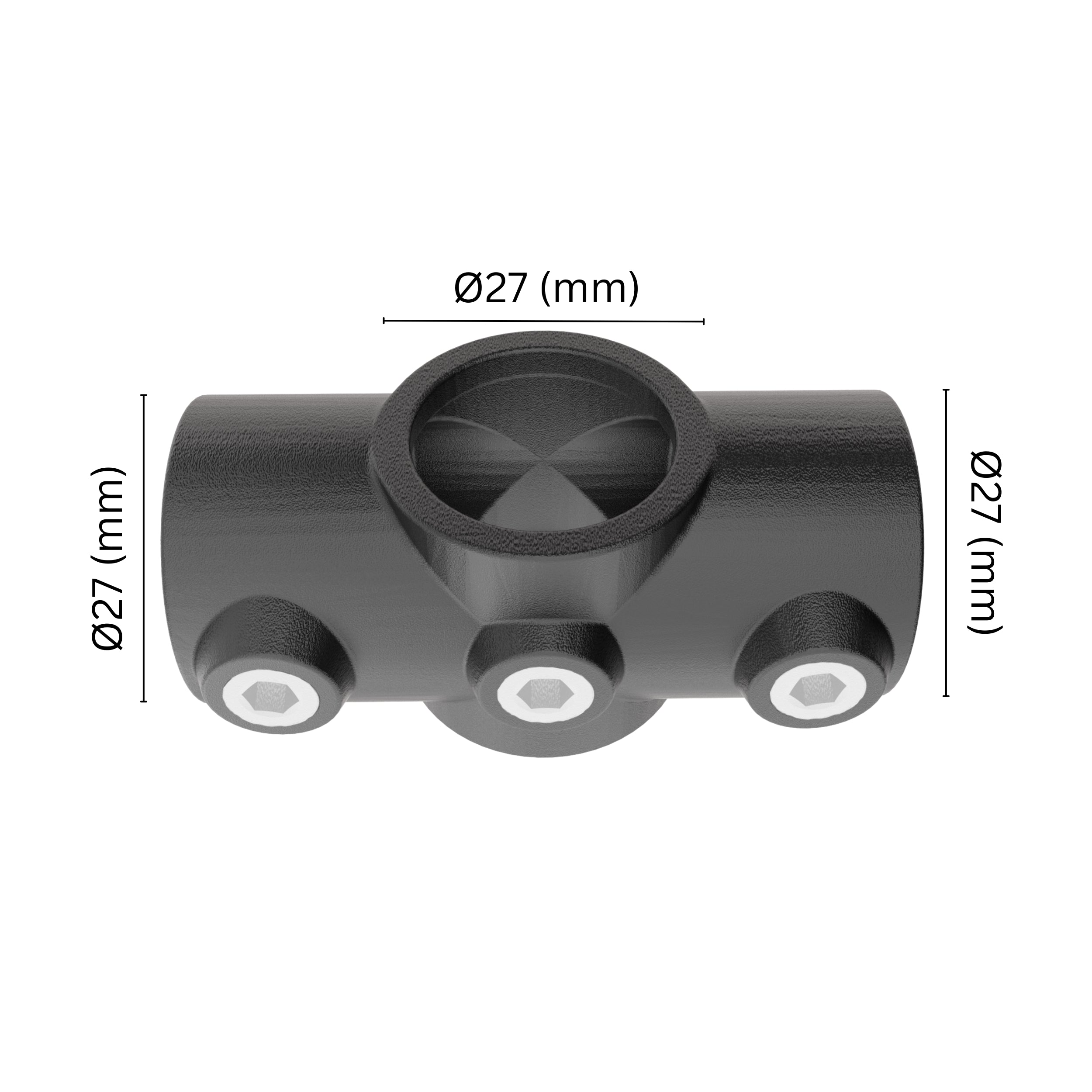 Two Socket Cross Tube Clamp 27 mm with labeled dimensions.