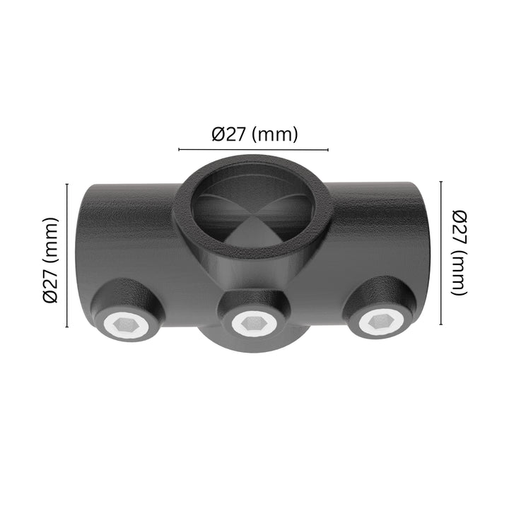 Two Socket Cross Tube Clamp 27 mm with labeled dimensions.