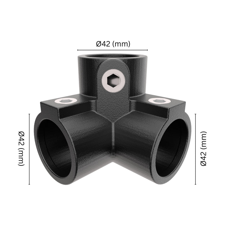 90° 3-way corner pipe clamp 42 mm with labeled dimensions.