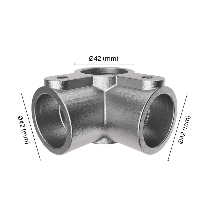 90° 3-way mid rail corner pipe clamp 42 mm with labeled dimensions.