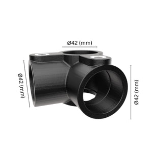 90° 3-way mid rail corner pipe clamp 42 mm with labeled dimensions.