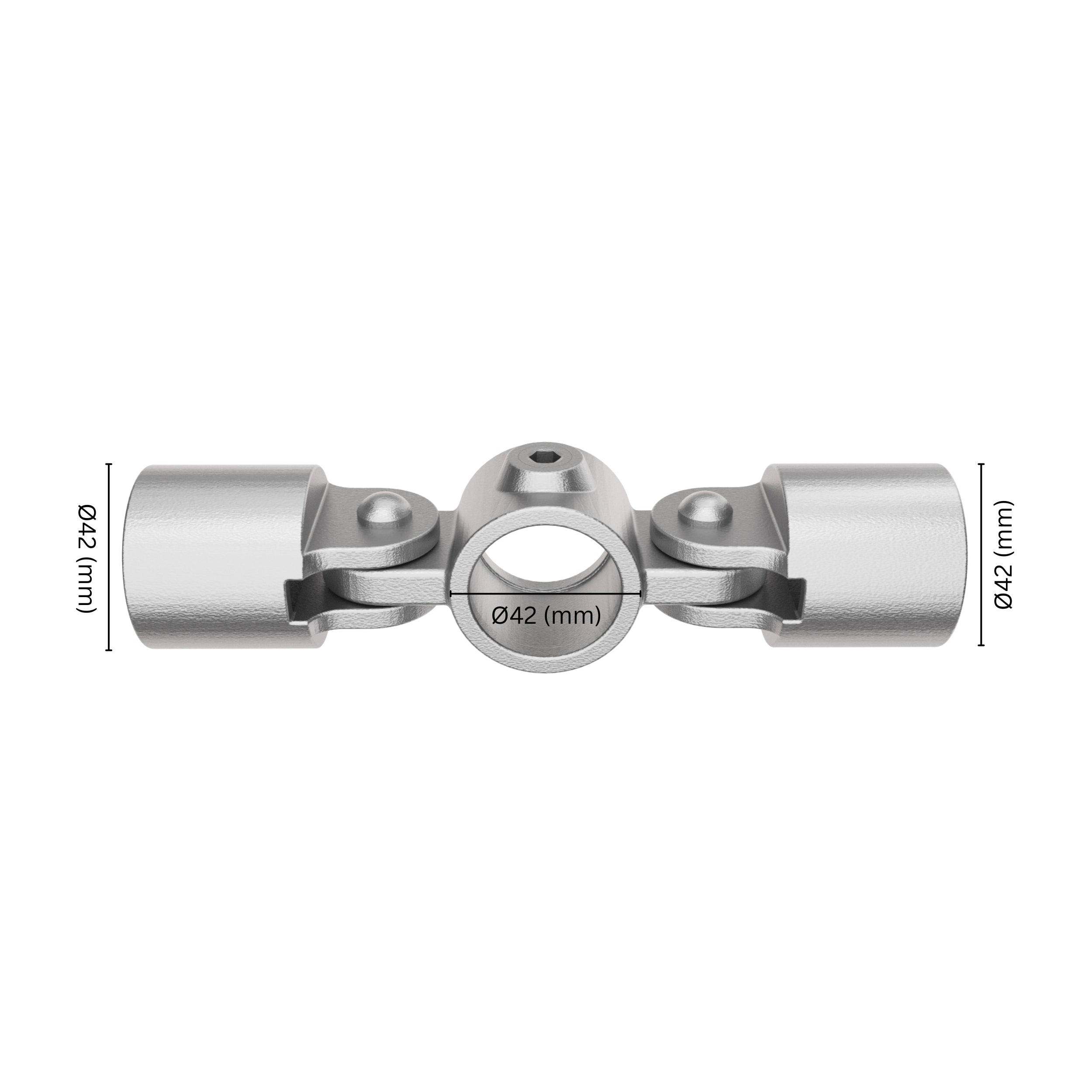 Double Inline Swivel Combination Clamp fitting 42 mm with labeled dimension.