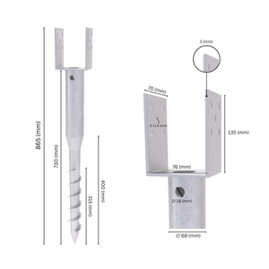 Ground screw U post support with labeled dimension.