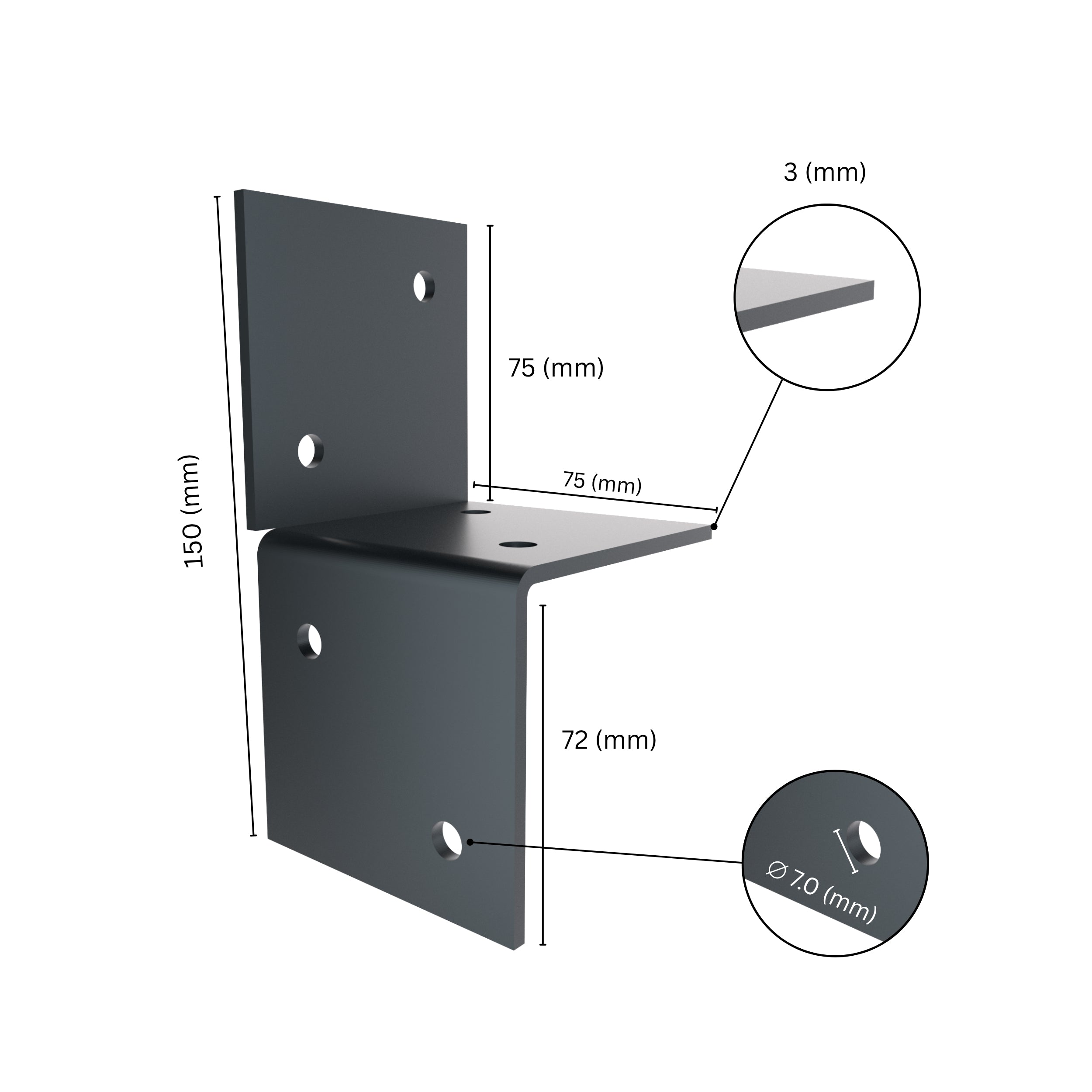 Wall pergola bracket with labeled size dimensions.