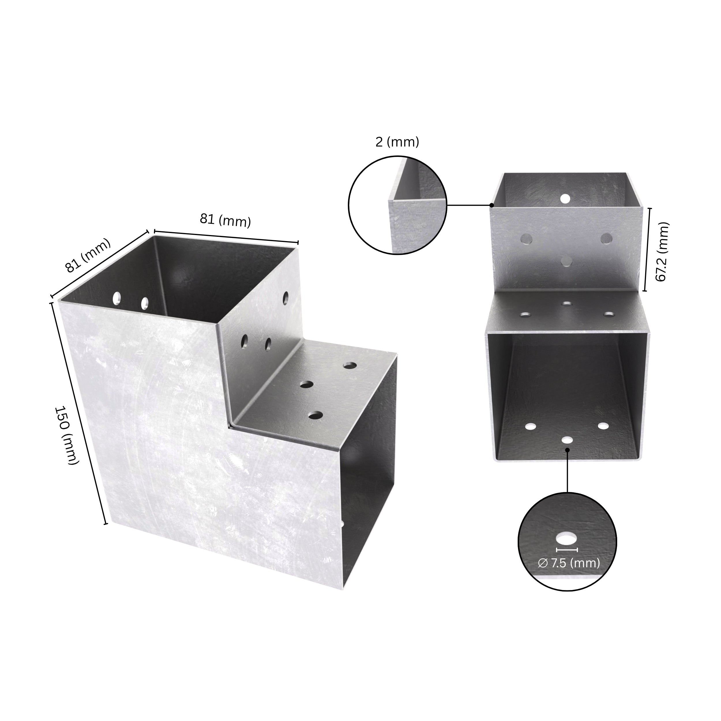 2 way post connector L shaped showing labeled dimensions, bracket size, length and thickness.