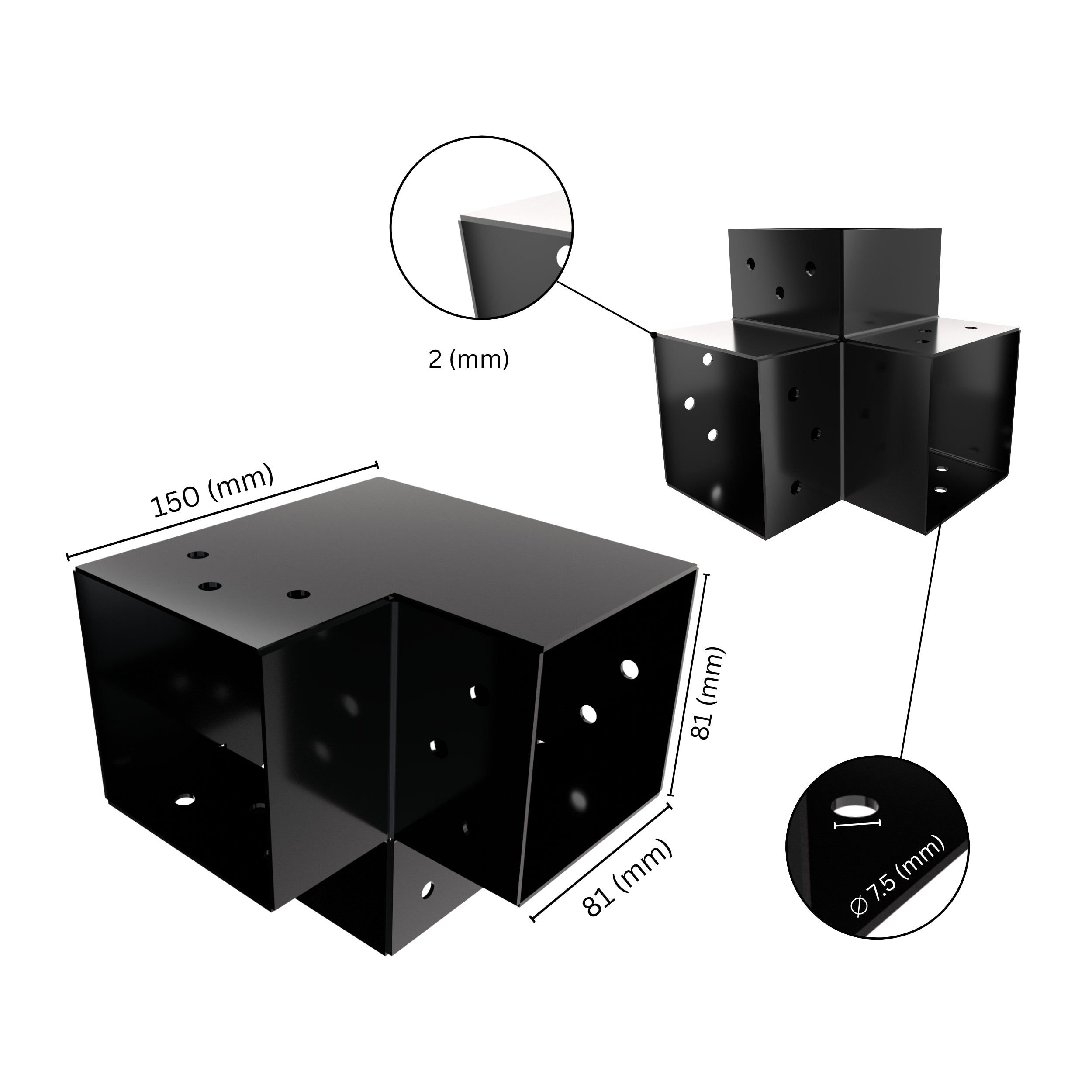 3 way post connector Y shaped showing labeled dimensions, bracket size, length and thickness.