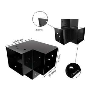 3 way post connector Y shaped showing labeled dimensions, bracket size, length and thickness.