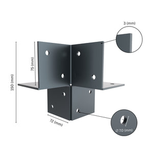  3-way open pergola corner connector bracket with labeled dimensions.