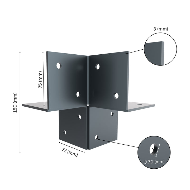  3-way open pergola corner connector bracket with labeled dimensions.