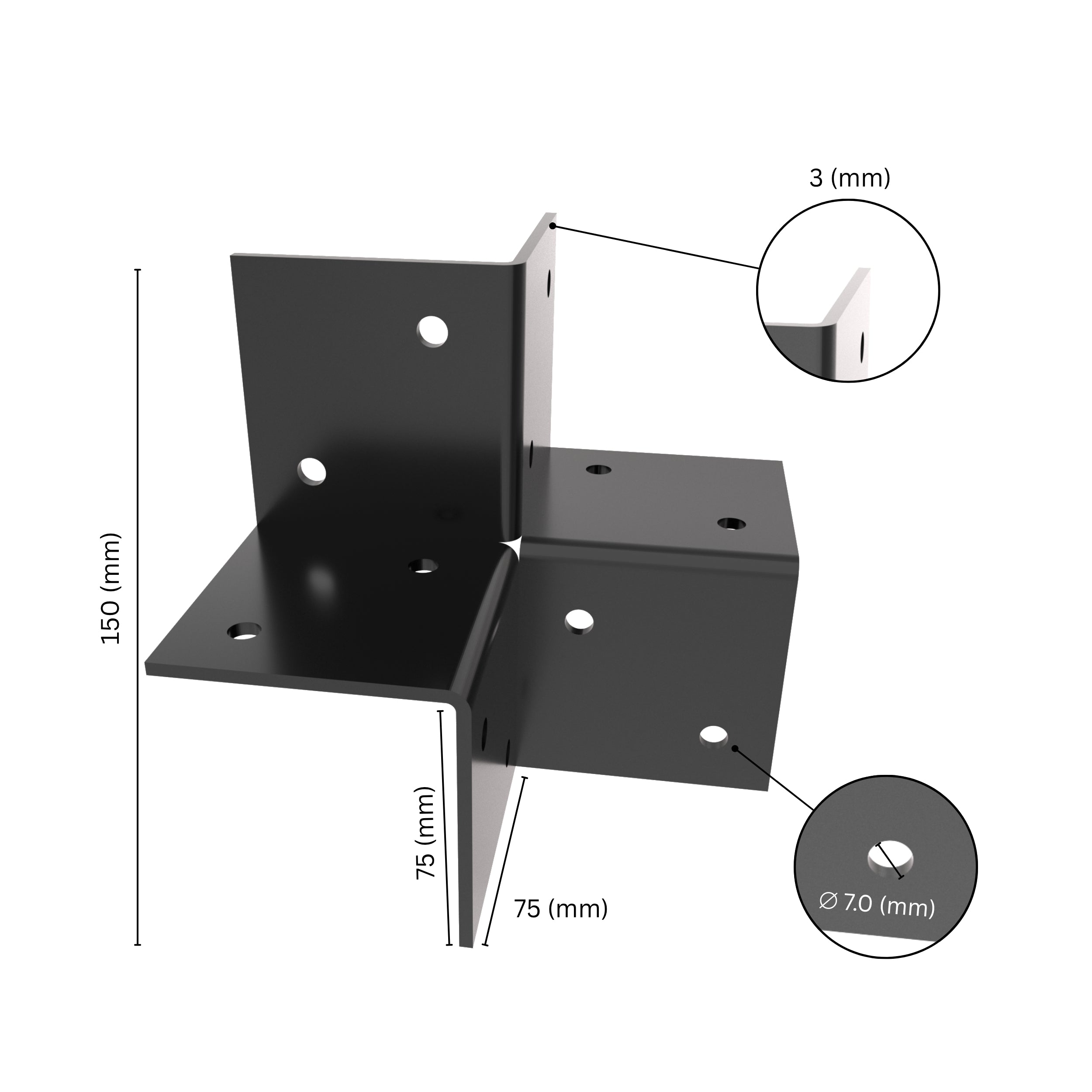  3-way open pergola corner connector bracket with labeled dimensions.
