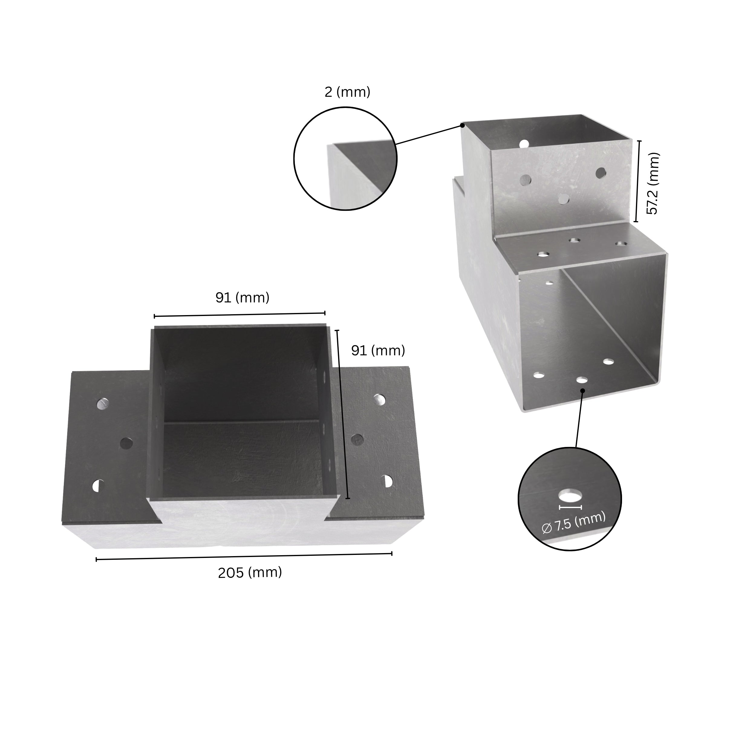 3 way post connector T shaped showing labeled dimensions, bracket size, length and thickness.
