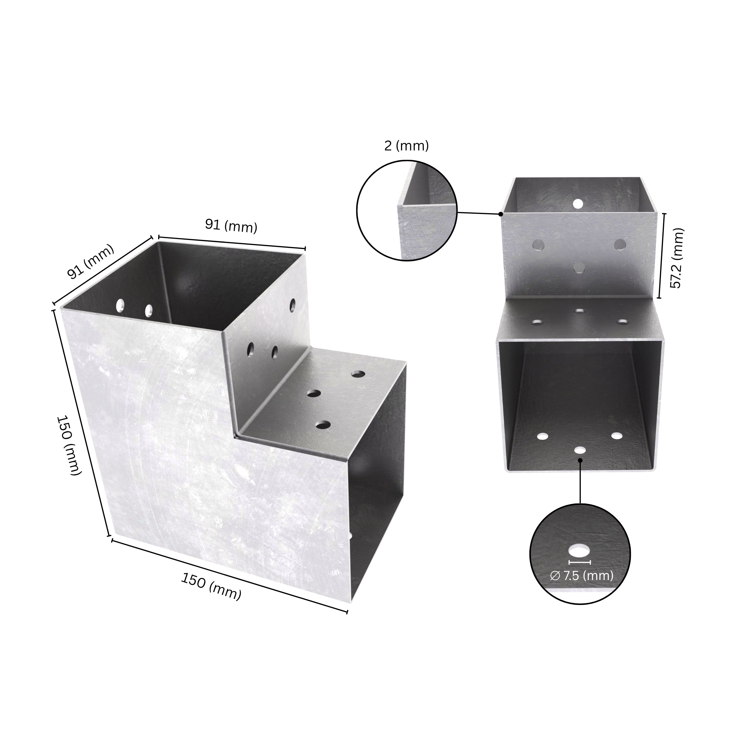 2 way post connector L shaped showing labeled dimensions, bracket size, length and thickness.