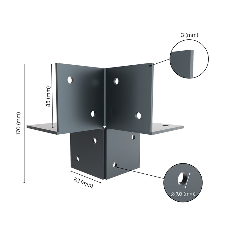  3-way open pergola corner connector bracket with labeled dimensions.