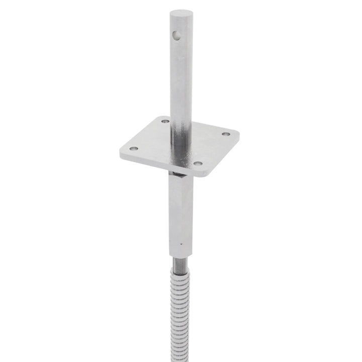 Close up of adjustable post base concrete in with long nut T shape