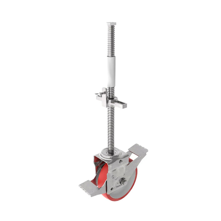 Adjustable scaffolding wheel with brakes, threaded stem and locking nut.
