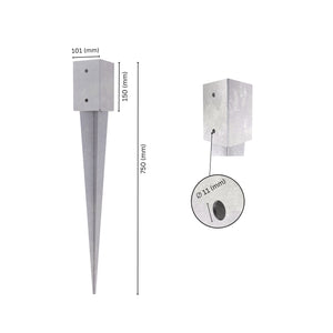 Fence post holder support anchor spike with labeled size and dimensions.