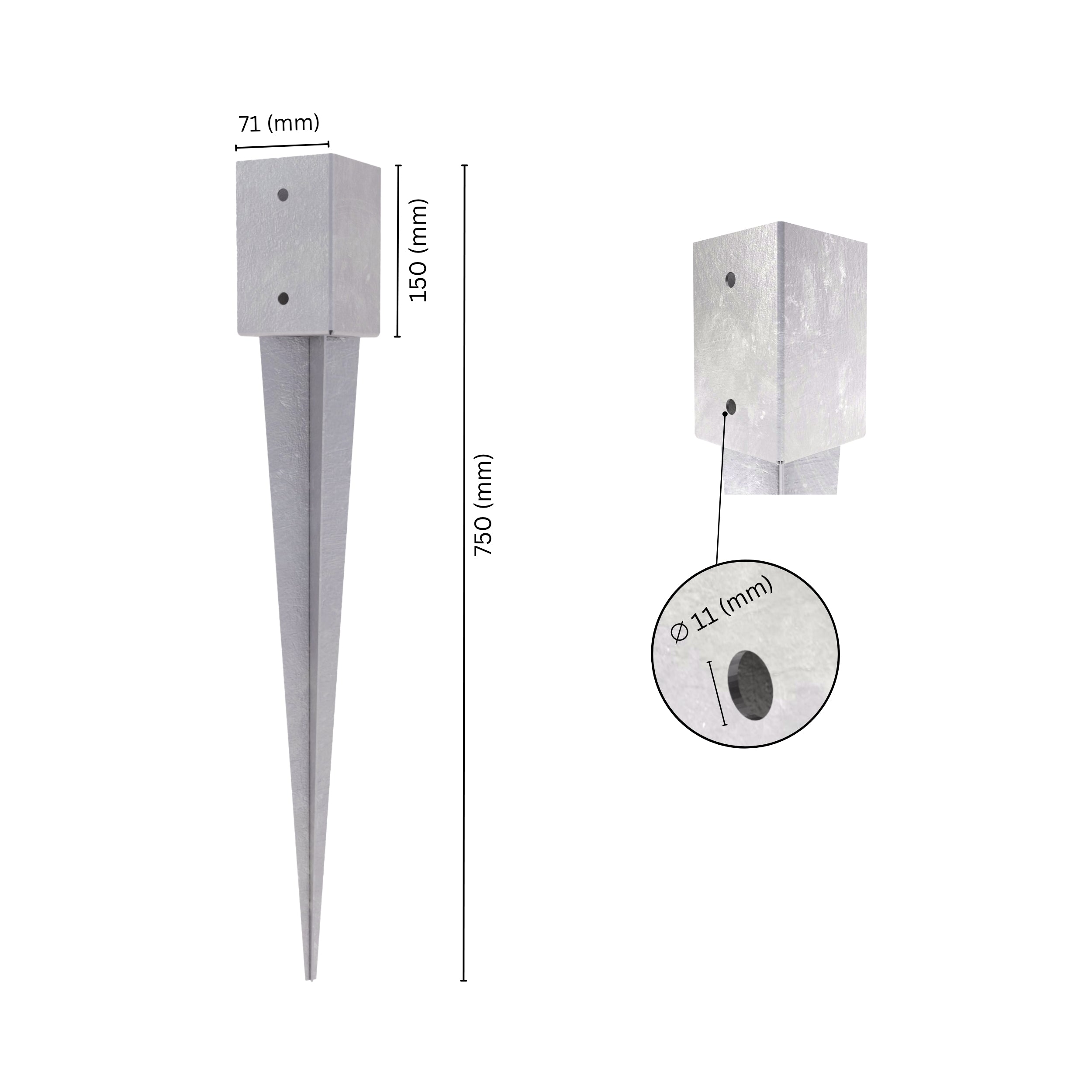Fence post holder support anchor spike with labeled size and dimensions.