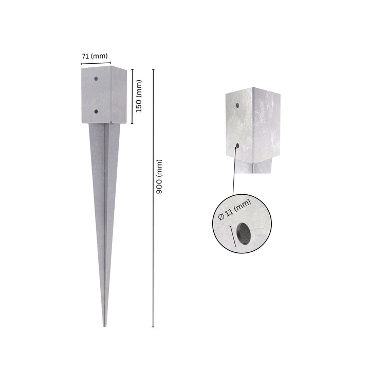 Fence post holder support anchor spike with labeled size and dimensions.