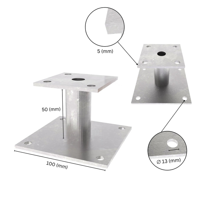 Bolt Down Elevated Post Base with labeled size dimensions.