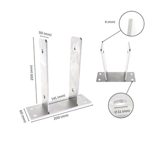 U shape post support bracket with labeled dimensions. 