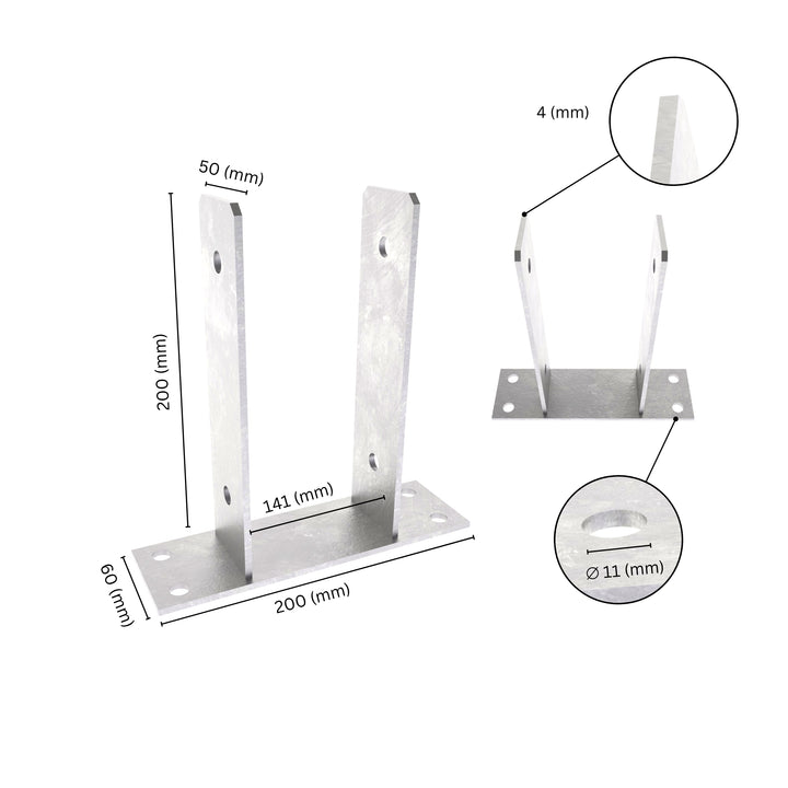 U shape post support bracket with labeled dimensions. 