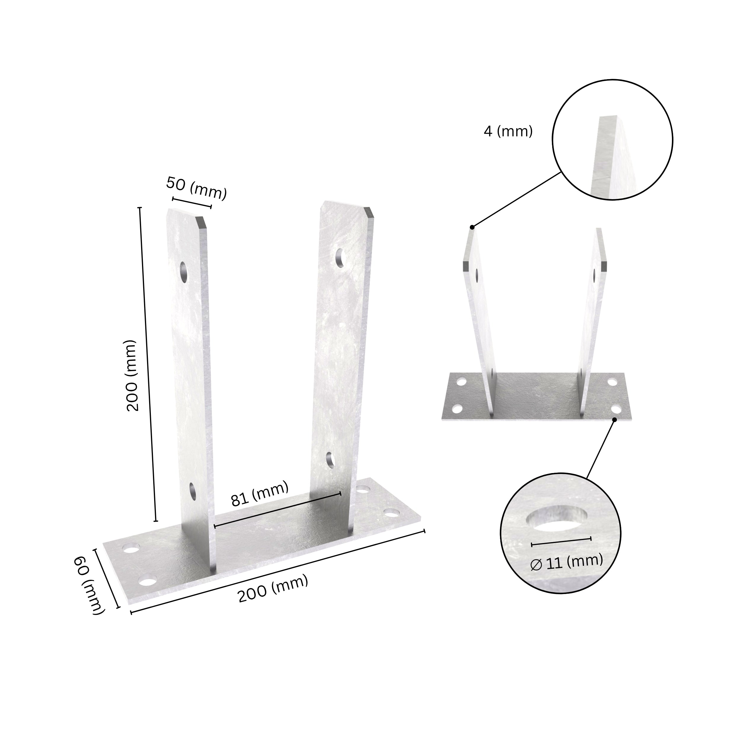 U shape post support bracket with labeled dimensions. 