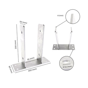 U shape post support bracket with labeled dimensions. 