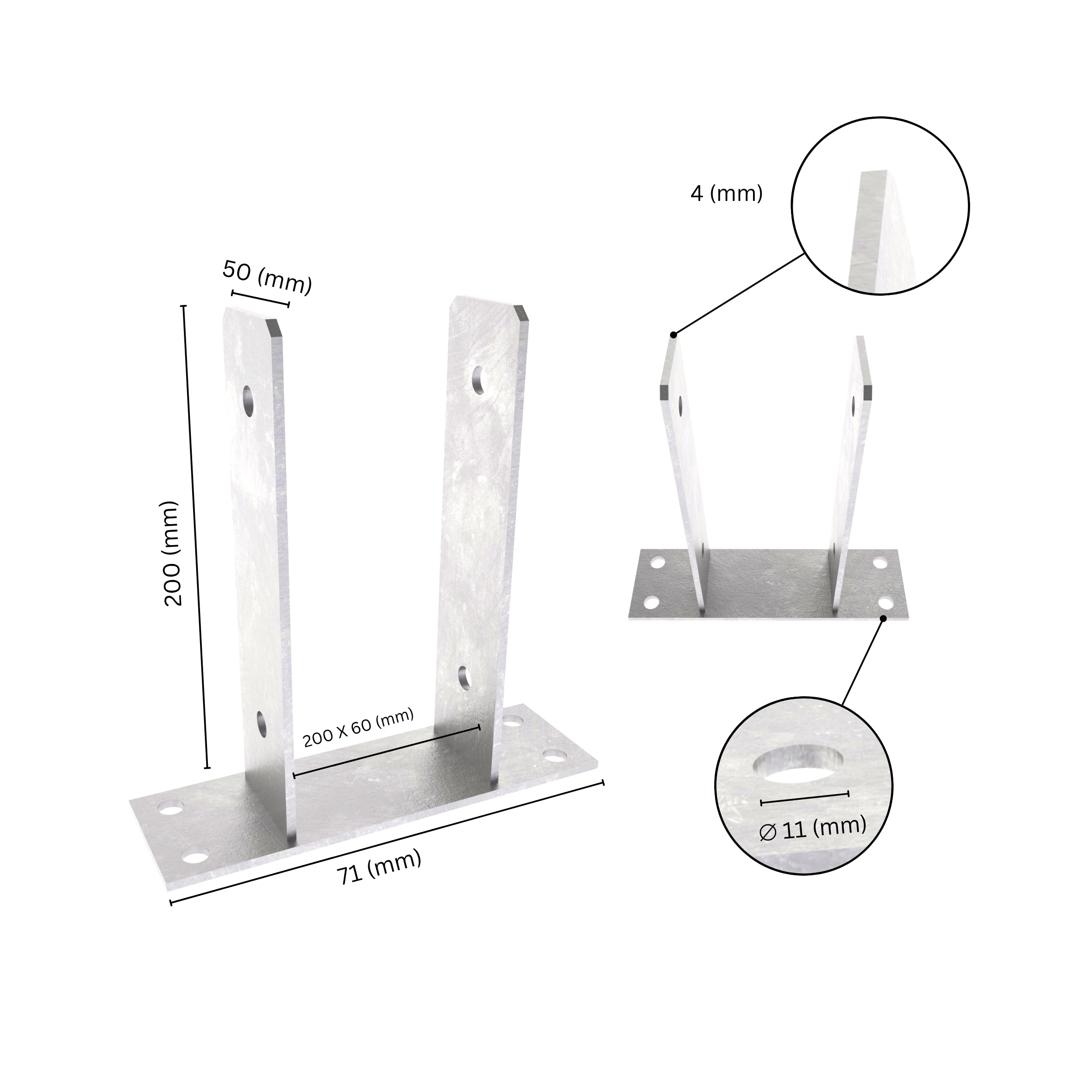 U shape post support bracket with labeled dimensions. 