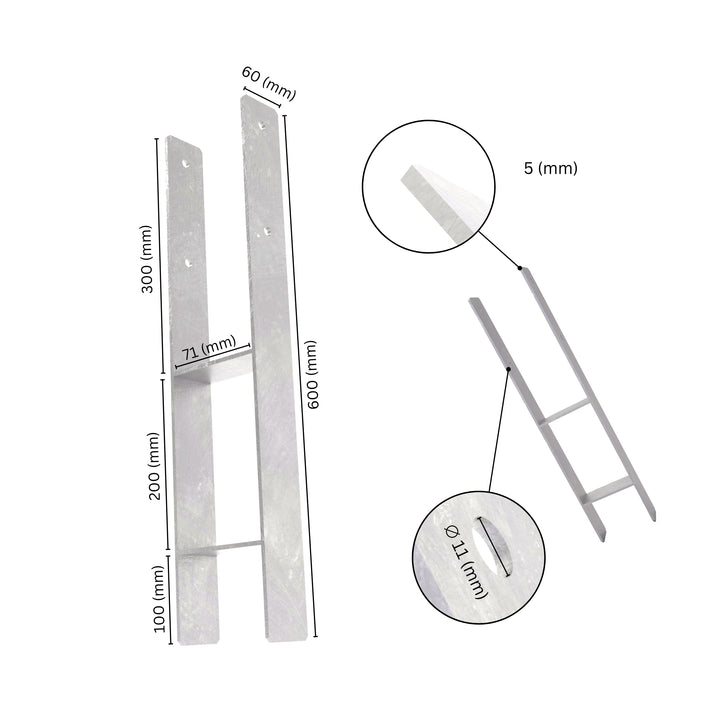 H post support with labeled dimensions showing height, width and sleeve size.