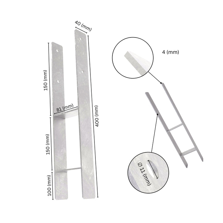 H post support with labeled dimensions showing height, width and sleeve size.