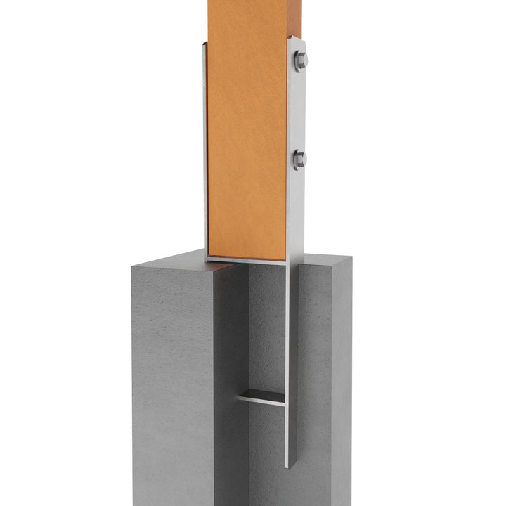 Wooden post attached to concrete using H fence post anchor.